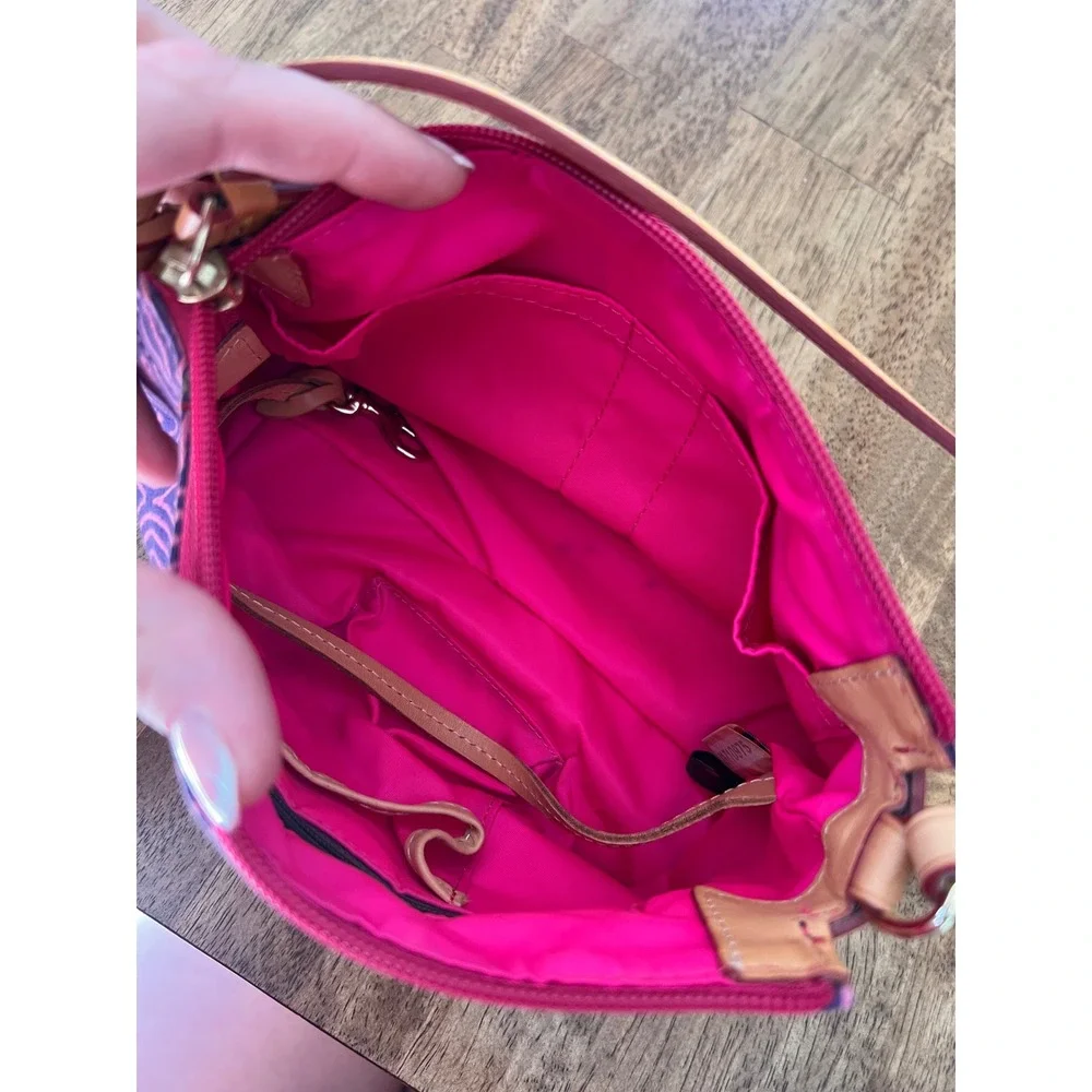 Dooney & Bourke Doodle Print Canvas Small Shoulder Bag Purple Pink Vachetta Trim